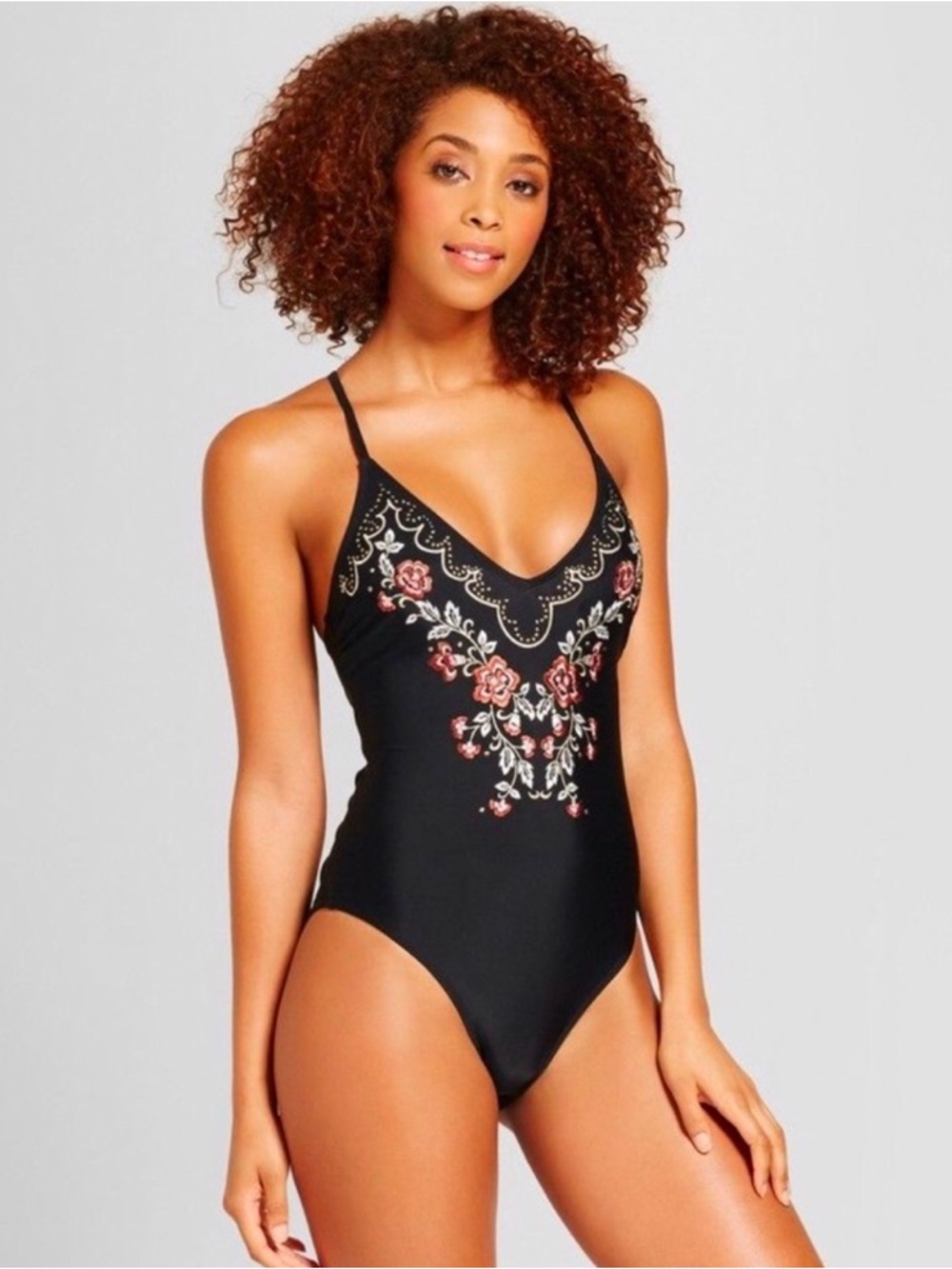 NWT Xhilaration Black One-Piece Swimsuit with  Floral‎ Embroidery Size L